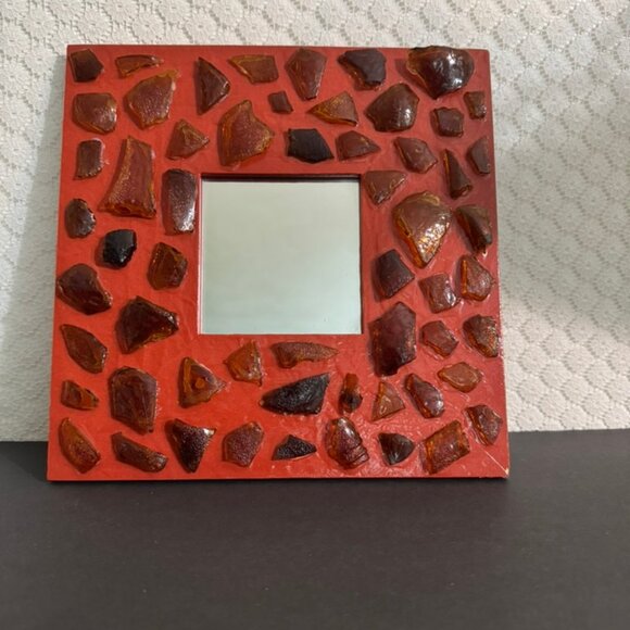 Handmade Recycled Glass on Red Border Decorative Mirror 10" x 10" New-Never Used - Picture 2 of 3